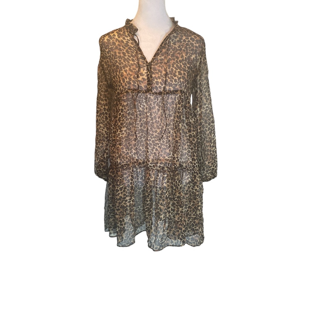 Zara Sheer Leopard Print 3/4 Sleeve Babydoll Dress Above the Knee Size XS
